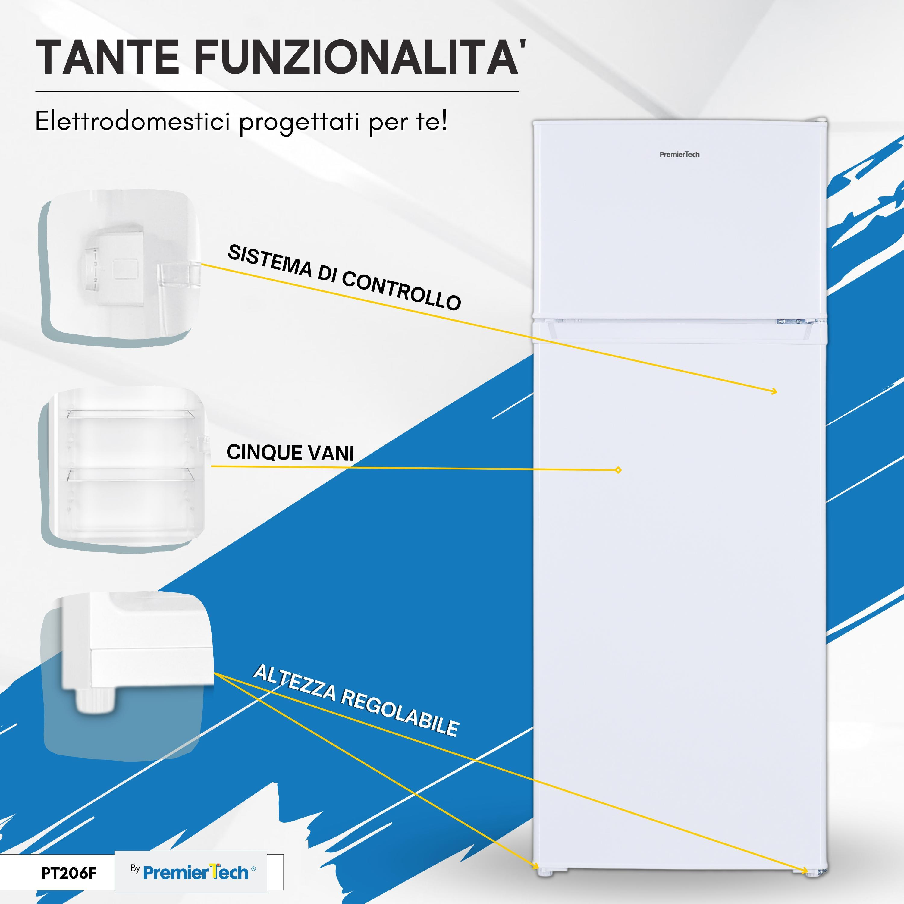 Frigorifero bianco con etichette che puntano a funzioni come il sistema di controllo, cinque scomparti e altezza regolabile.
