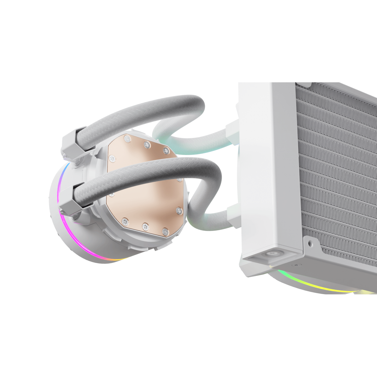 Chłodnica procesora z miedzianą płytą, szarymi rurkami i radiatorem. Chłodnica ma oświetlenie RGB.