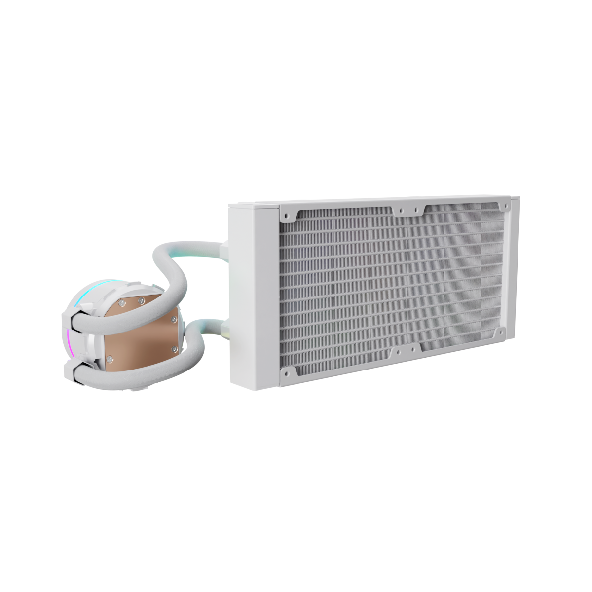 Biały system chłodzenia komputera z rurkami i radiatorem na czarnym tle.