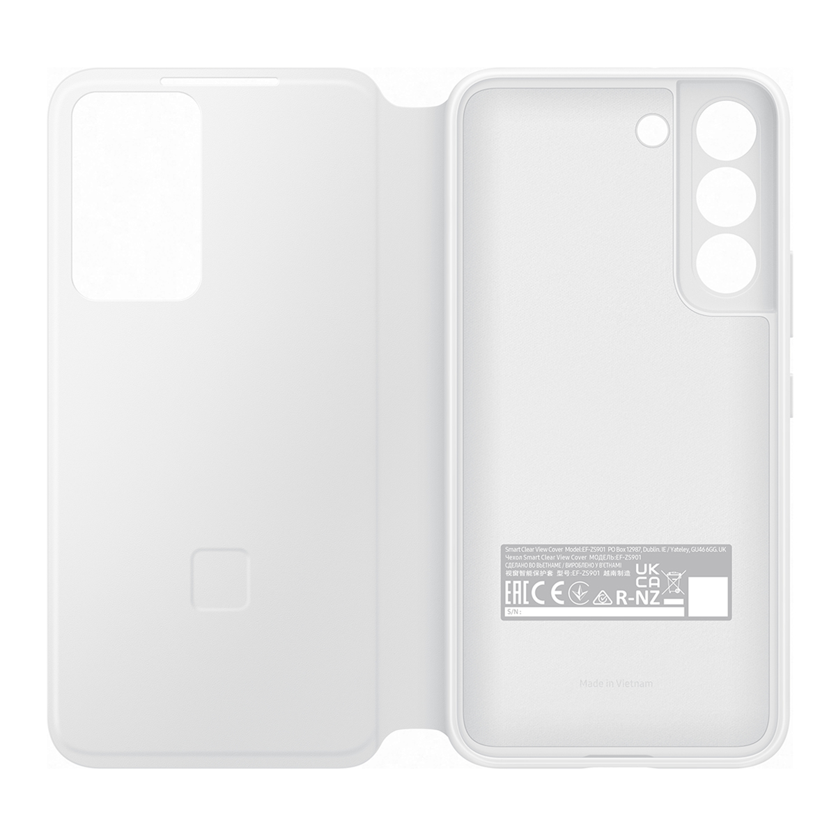 Funda de teléfono blanca con recortes de cámara y logotipo de Samsung, abierta.