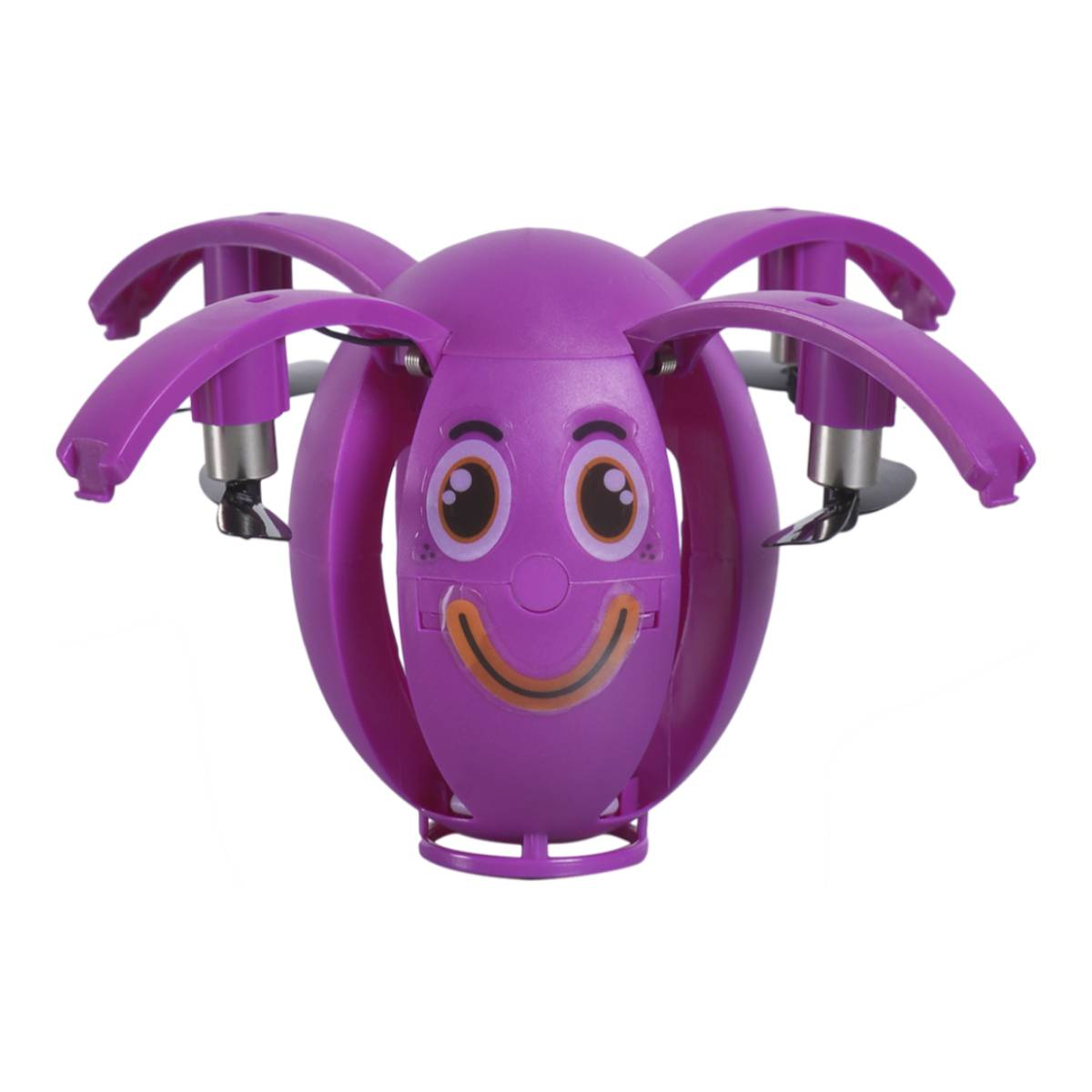 Drone giocattolo viola con design a faccina sorridente e quattro eliche su sfondo bianco.
