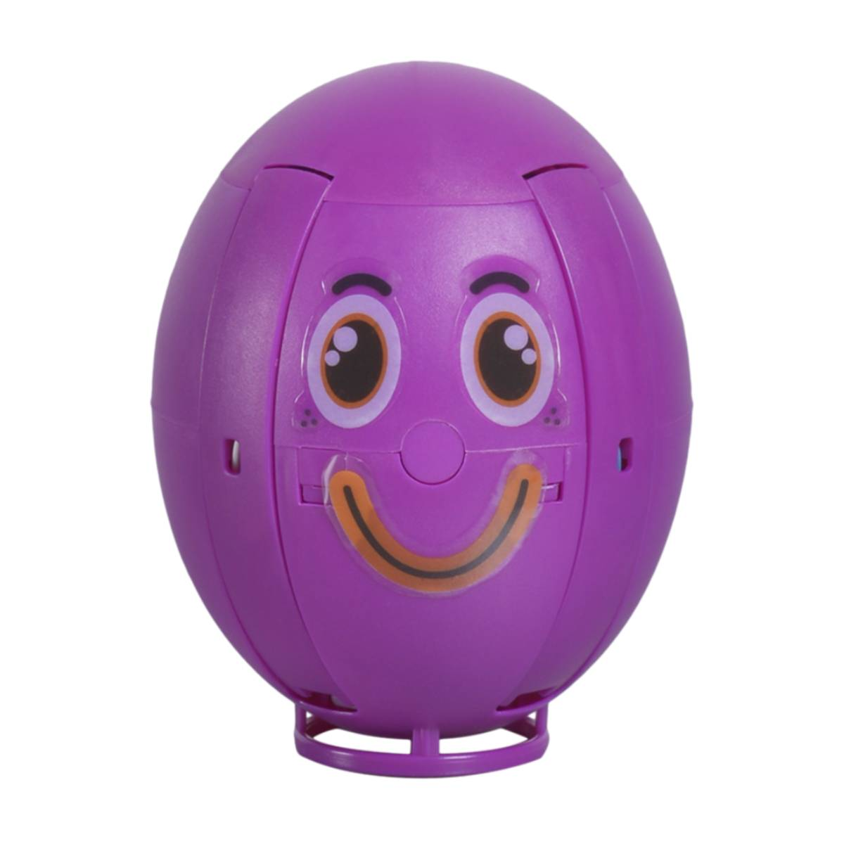 Un uovo giocattolo viola con una faccia sorridente. Ha due aperture a forma di occhio e un sorriso arancione curvo.