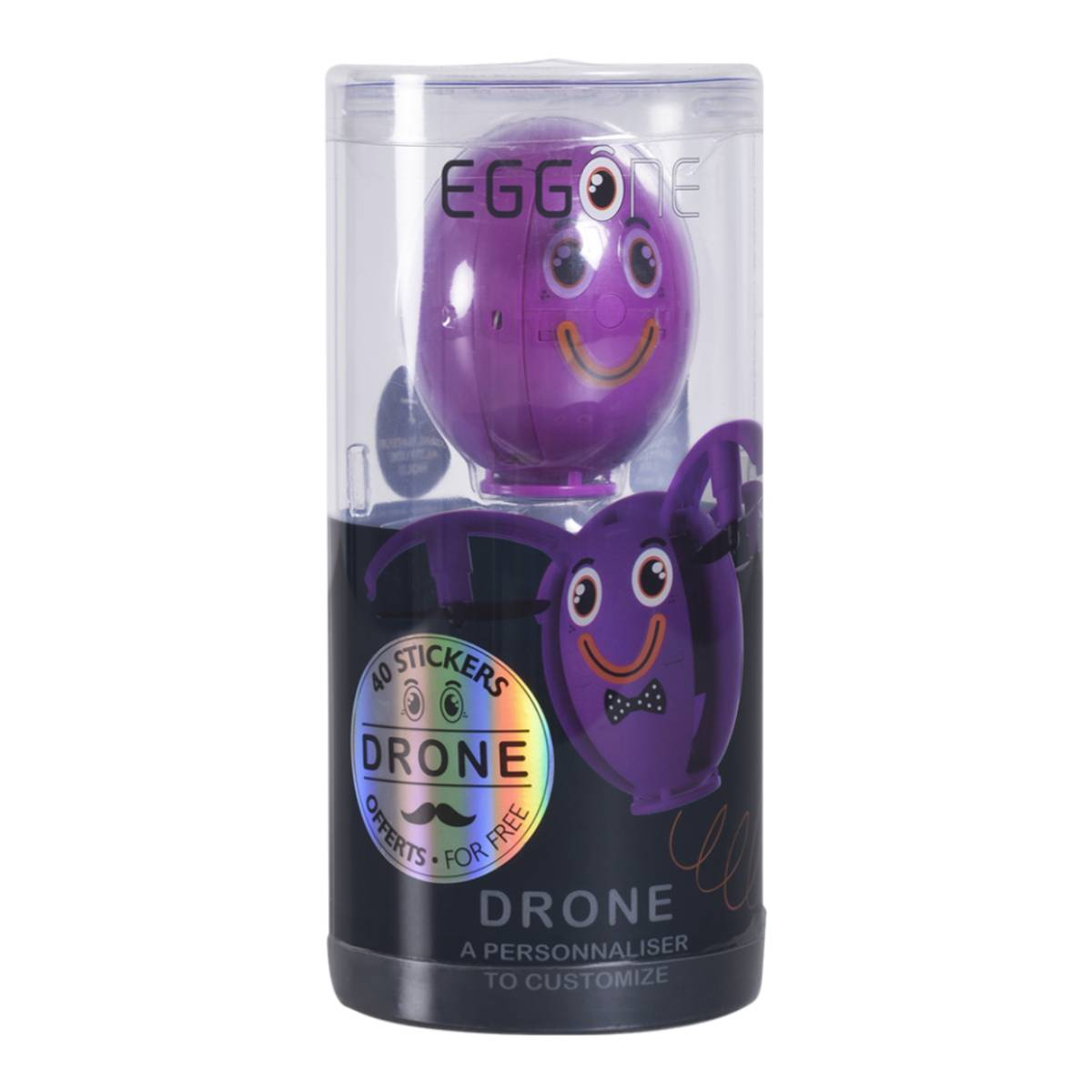 Giocattolo Eggone viola in una custodia di plastica trasparente. Il giocattolo ha una faccia sorridente.