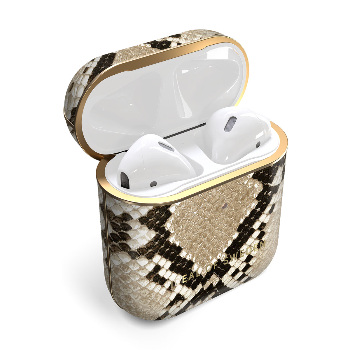 Funda de auriculares con estampado de piel de serpiente, detalles dorados y auriculares blancos.