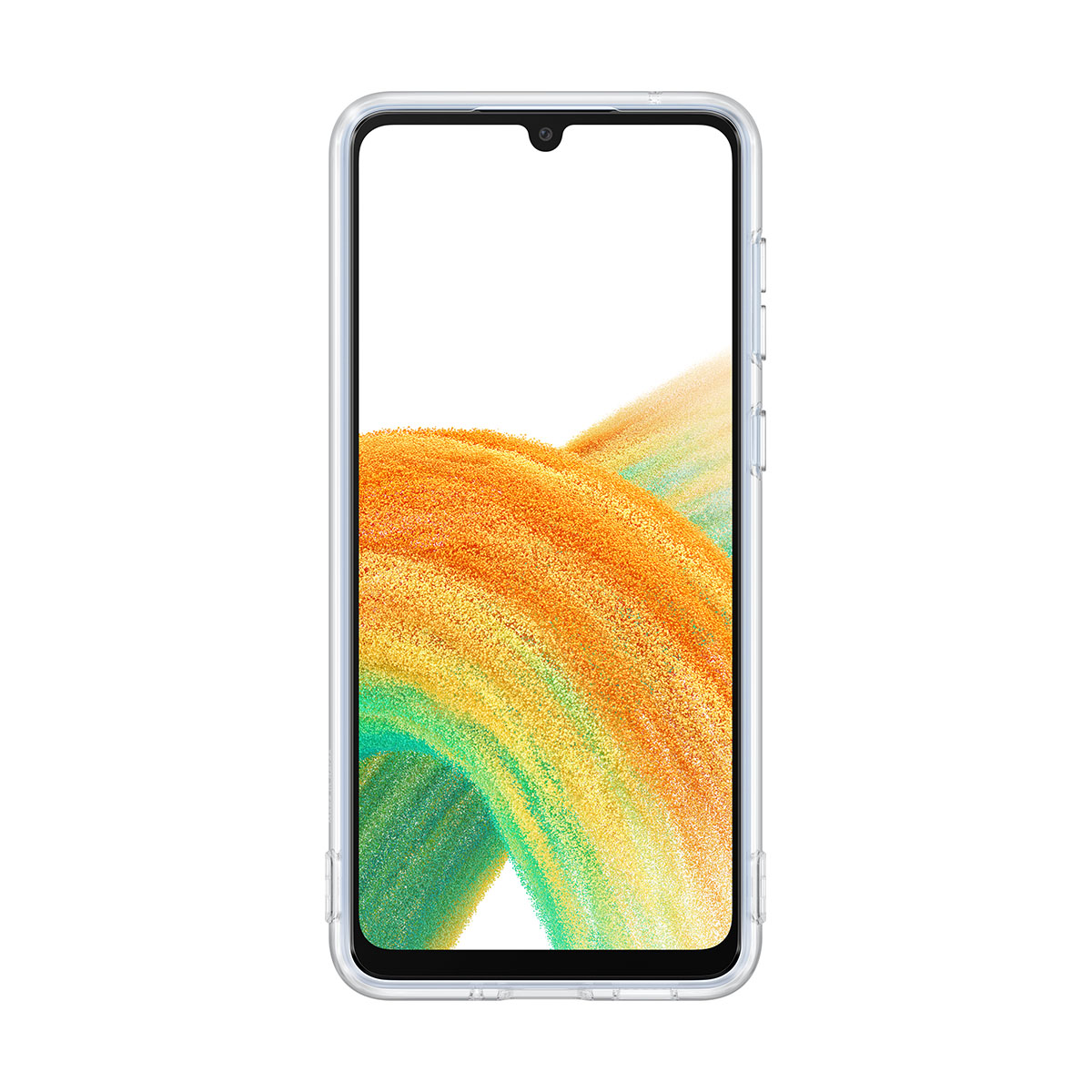 Ein Smartphone in einer transparenten Hülle, der Bildschirm zeigt einen orange-gelben Farbverlauf.