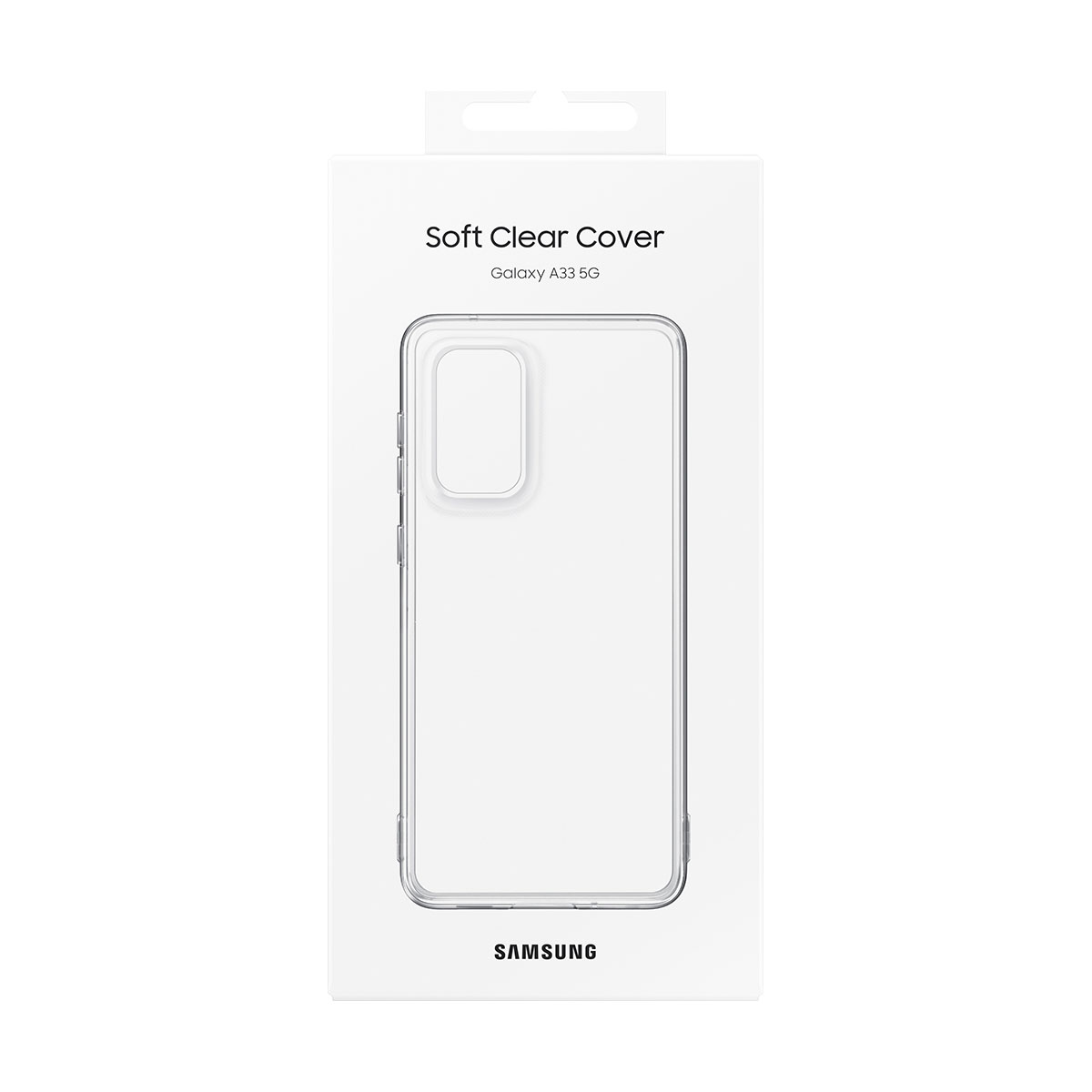 Transparente Handyhülle in einer Box, beschriftet mit 'Soft Clear Cover' für ein Galaxy A33 5G.