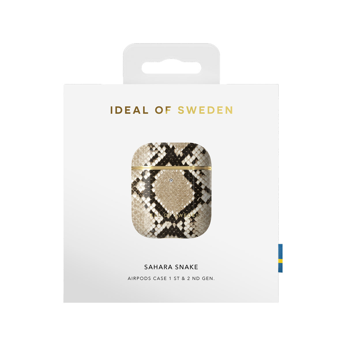 Una caja blanca con una funda Ideal of Sweden para AirPods con un estampado de piel de serpiente.