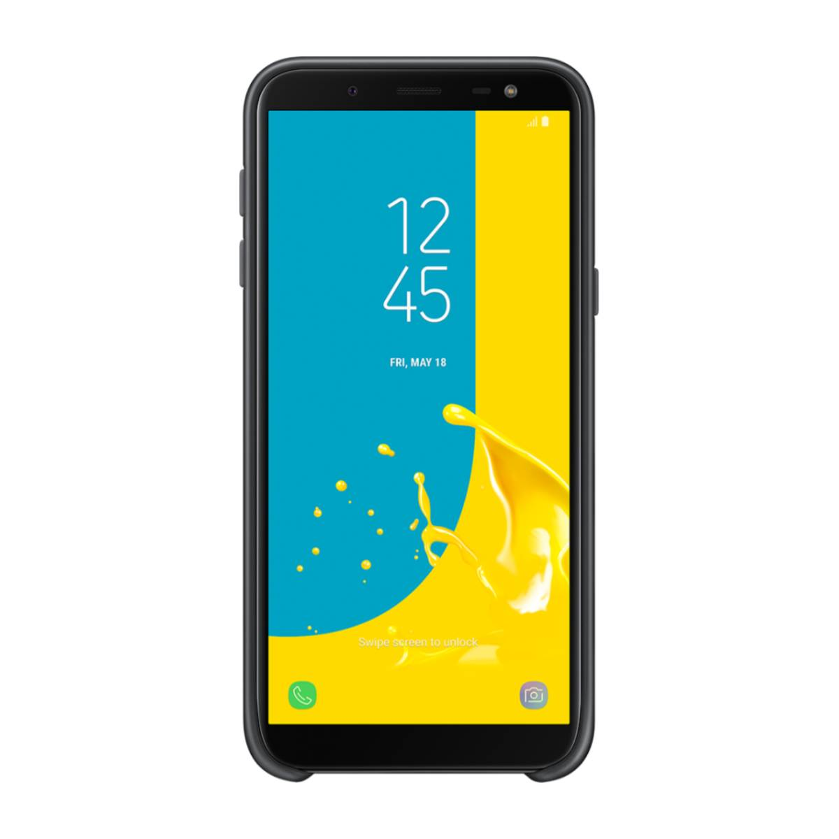 Uno smartphone nero che mostra uno splash giallo sullo schermo con ora e data.