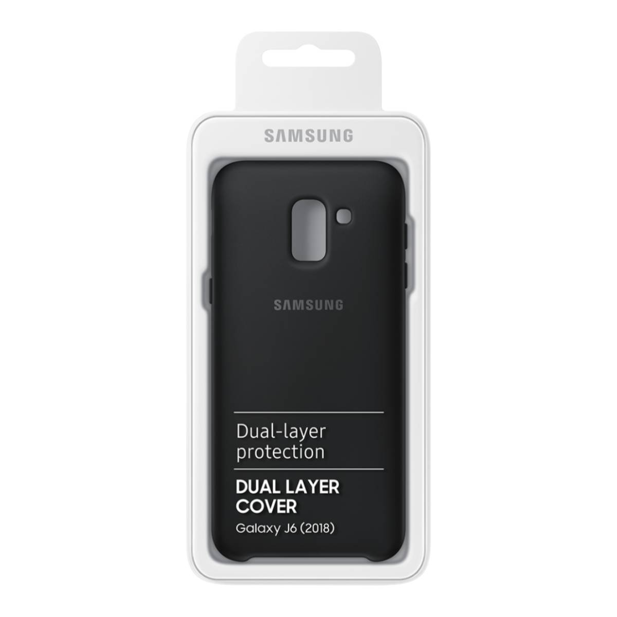 Una custodia per telefono nera in una scatola bianca con il logo Samsung e le informazioni sul prodotto.