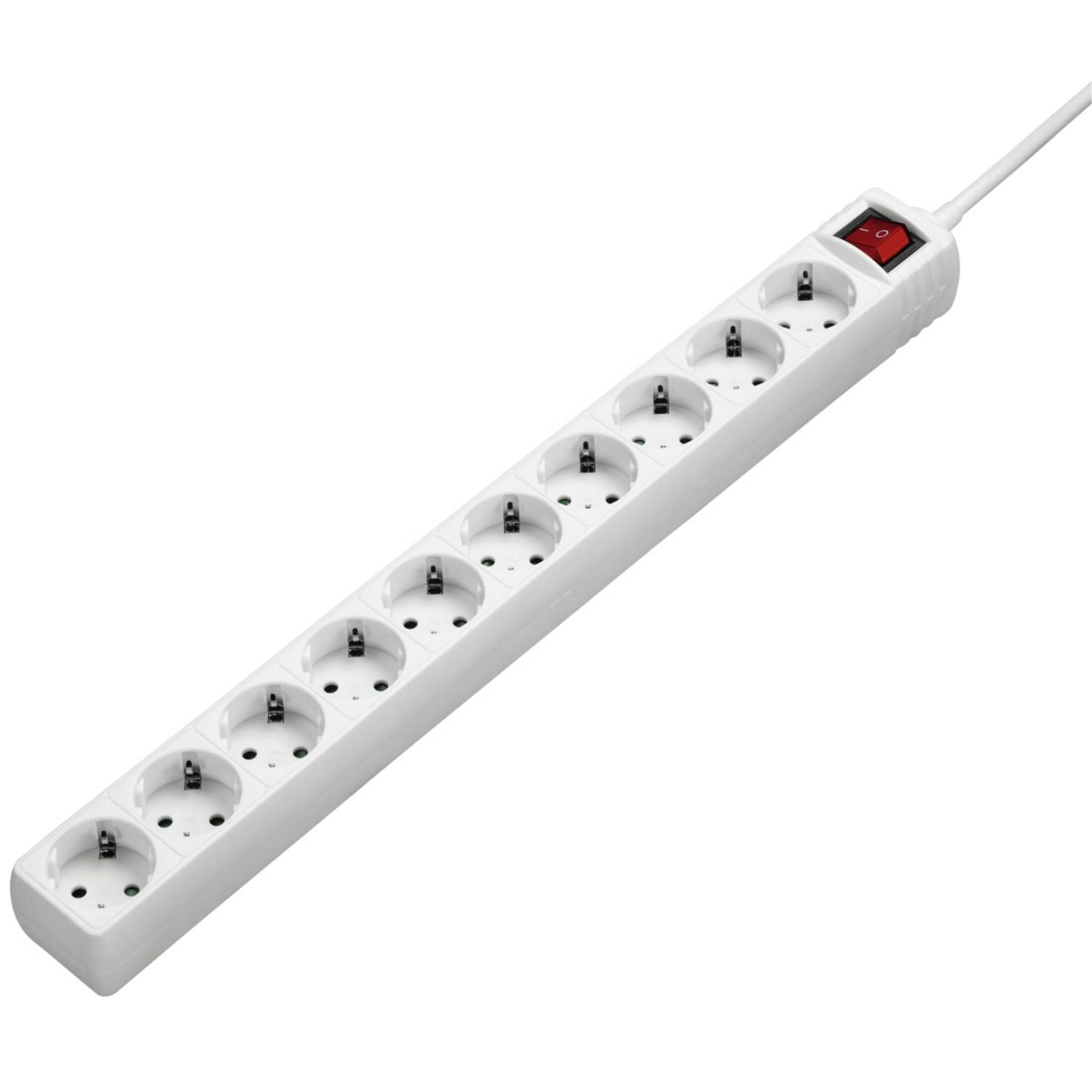 Weiße Steckdosenleiste mit 8 Steckdosen und einem roten Ein/Aus-Schalter.