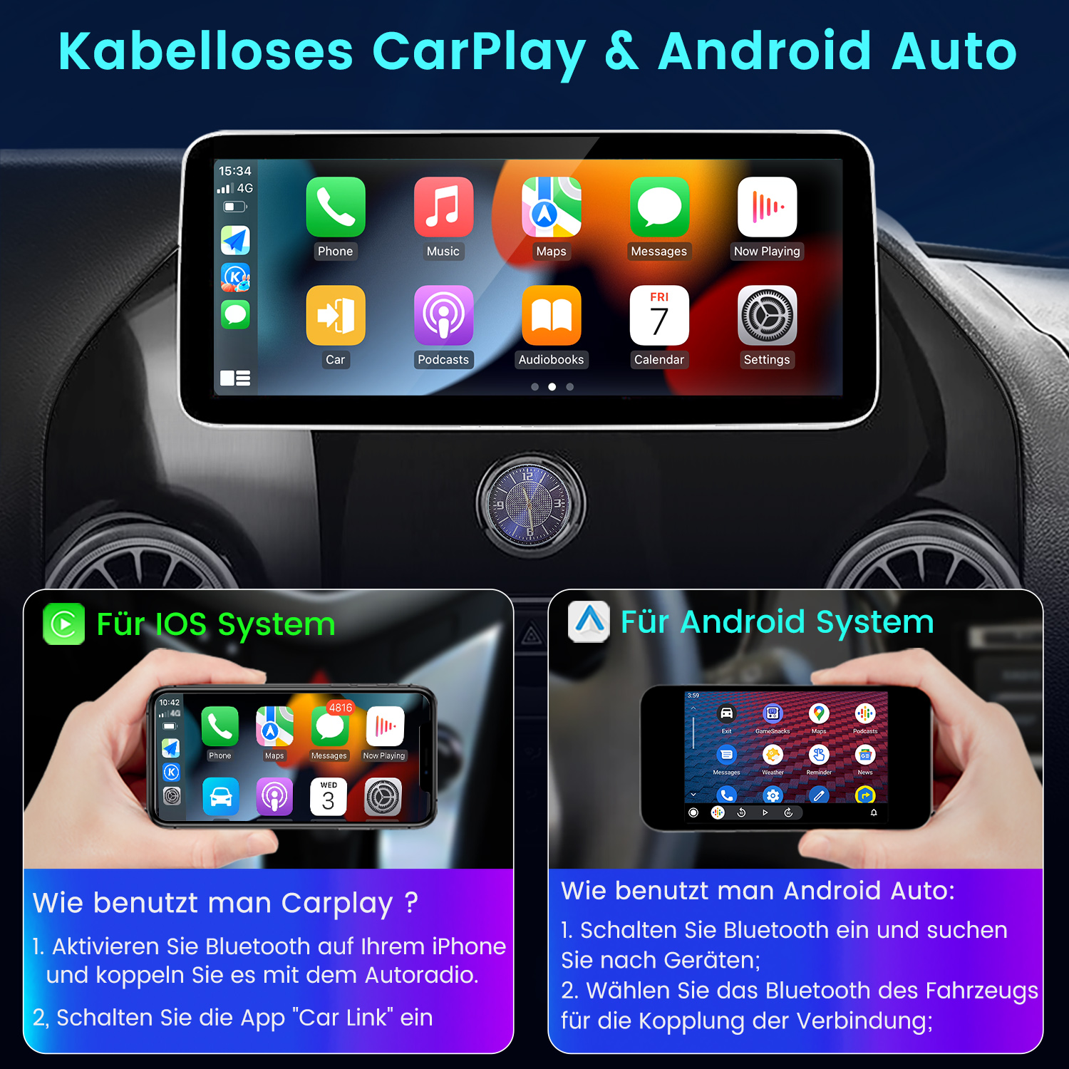Ekran multimedialny samochodu z aplikacjami. Poniżej, telefony pokazują interfejsy CarPlay i Android Auto.