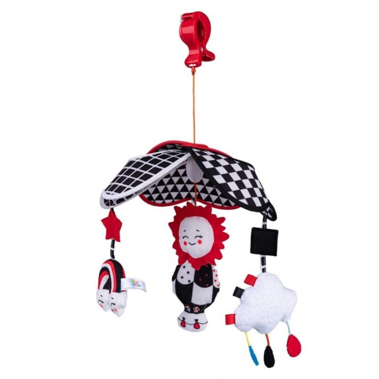 Ein Babymobile mit hängenden Spielzeugen, darunter ein Regenbogen, ein Stern und eine Wolke.