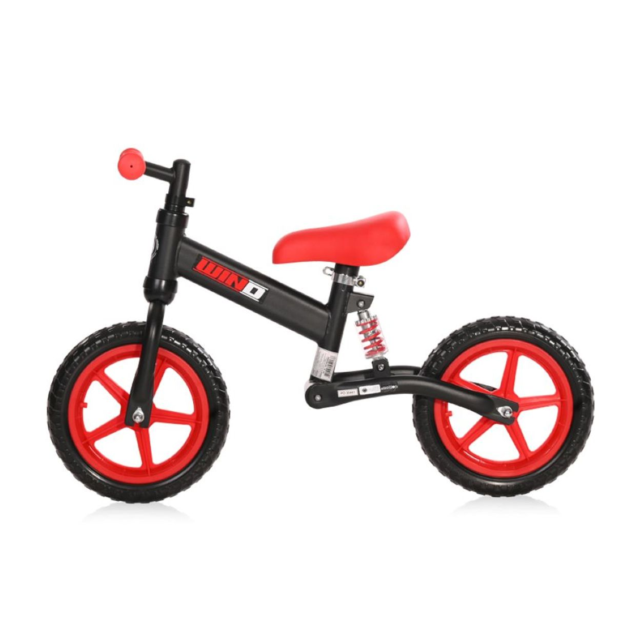 Ein schwarz-rotes Laufrad für Kinder auf weißem Hintergrund.