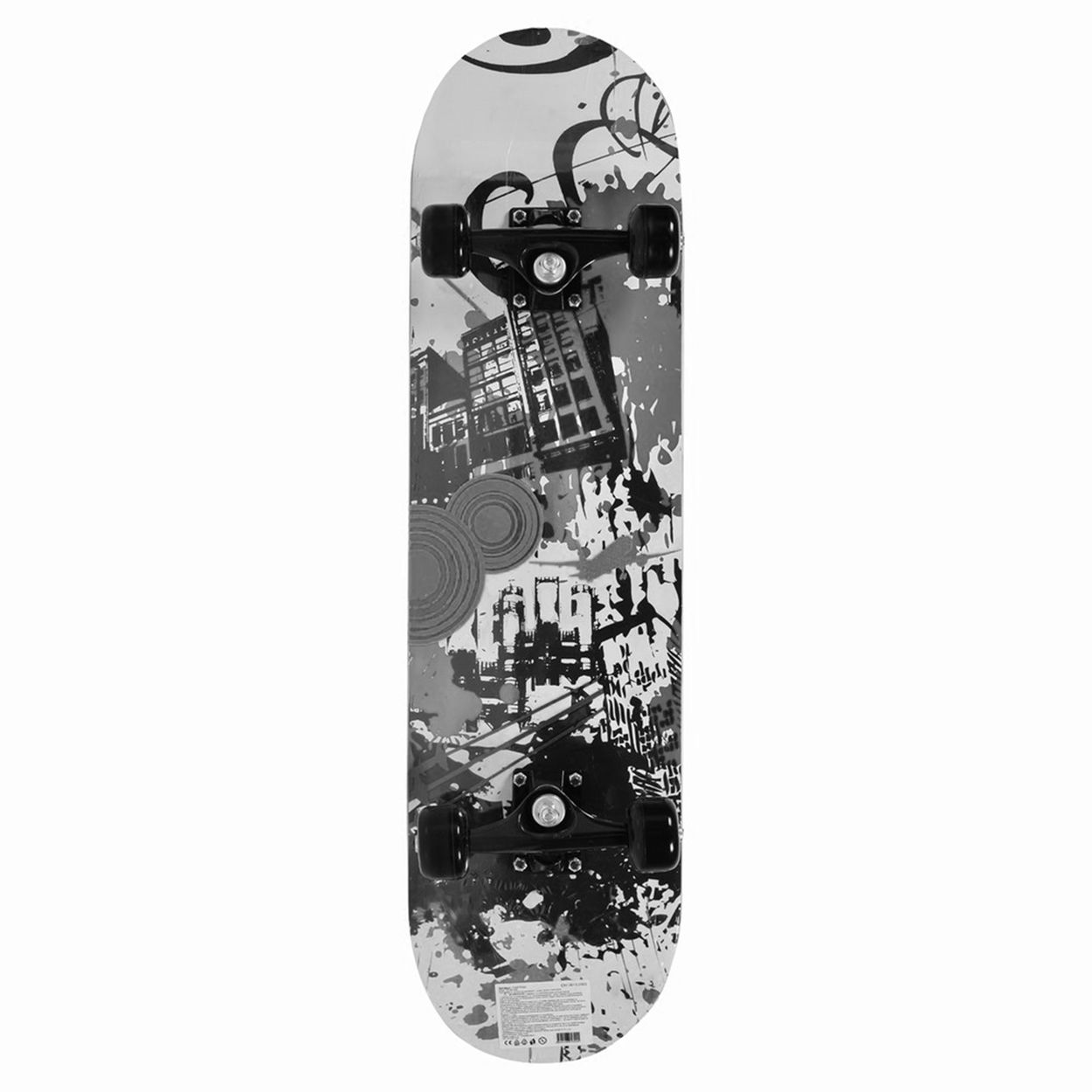 Skateboard mit schwarz-weißen Grafiken und Stadtlandschaftsdesign.