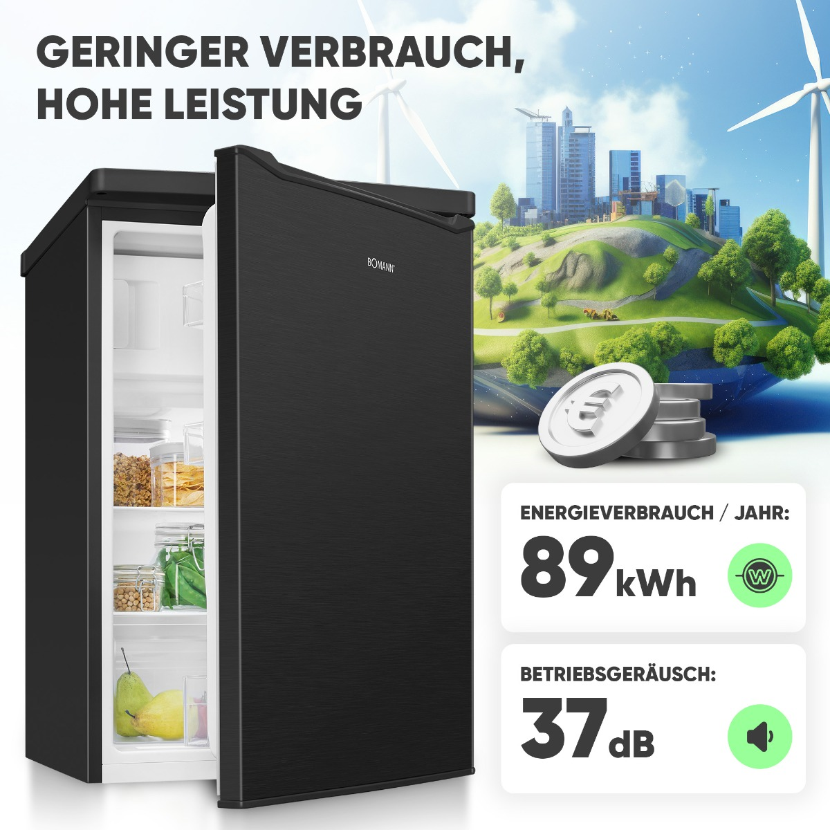 Schwarzer Mini-Kühlschrank mit offener Tür, zeigt Essen im Inneren. Text und Grafiken an der Seite.