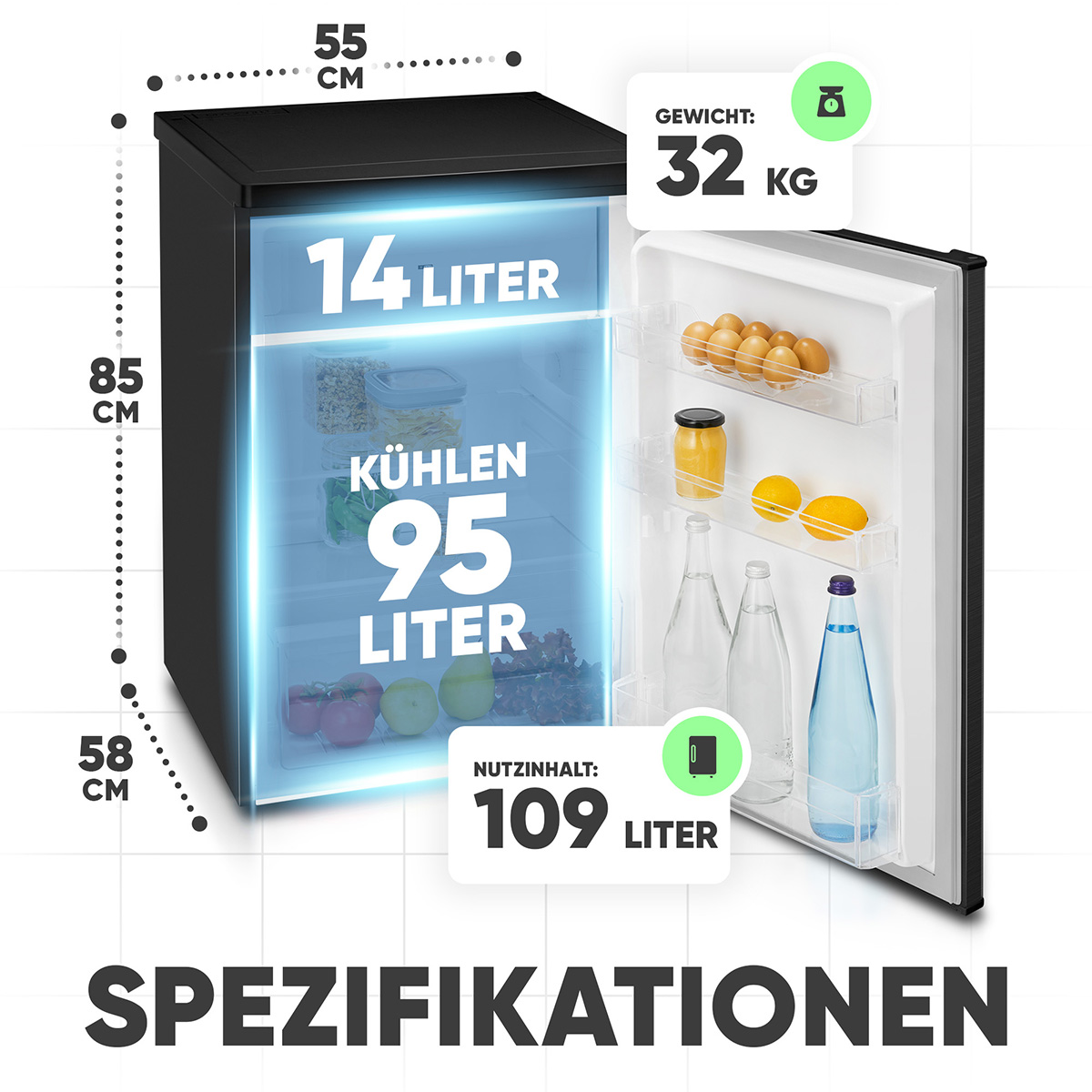 Ein Mini-Kühlschrank ist geöffnet, mit Regalen mit Lebensmitteln, und die Maße werden gezeigt.