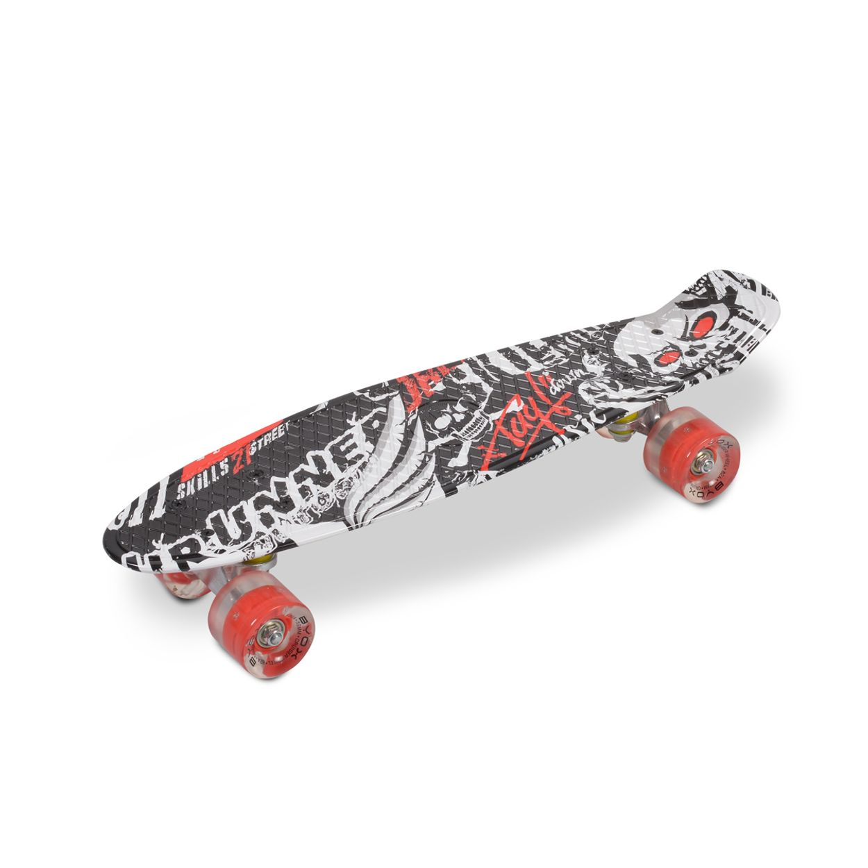 Ein Skateboard mit einem schwarz-weiß gemusterten Deck, roten Rädern und einem weißen Hintergrund.