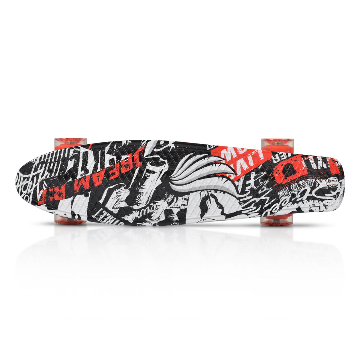 Skateboard mit Grafikdesign auf der Unterseite, vor weißem Hintergrund.