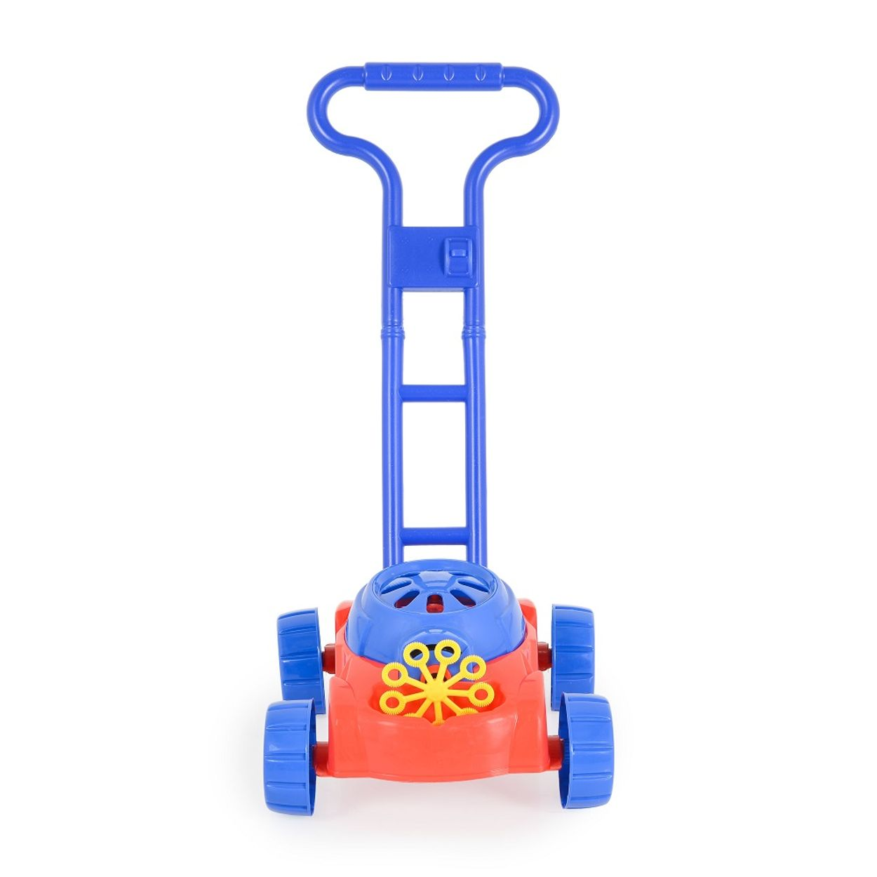 Ein roter und blauer Spielzeugrasenmäher mit blauem Griff und Rädern. Gelbe Blasen.