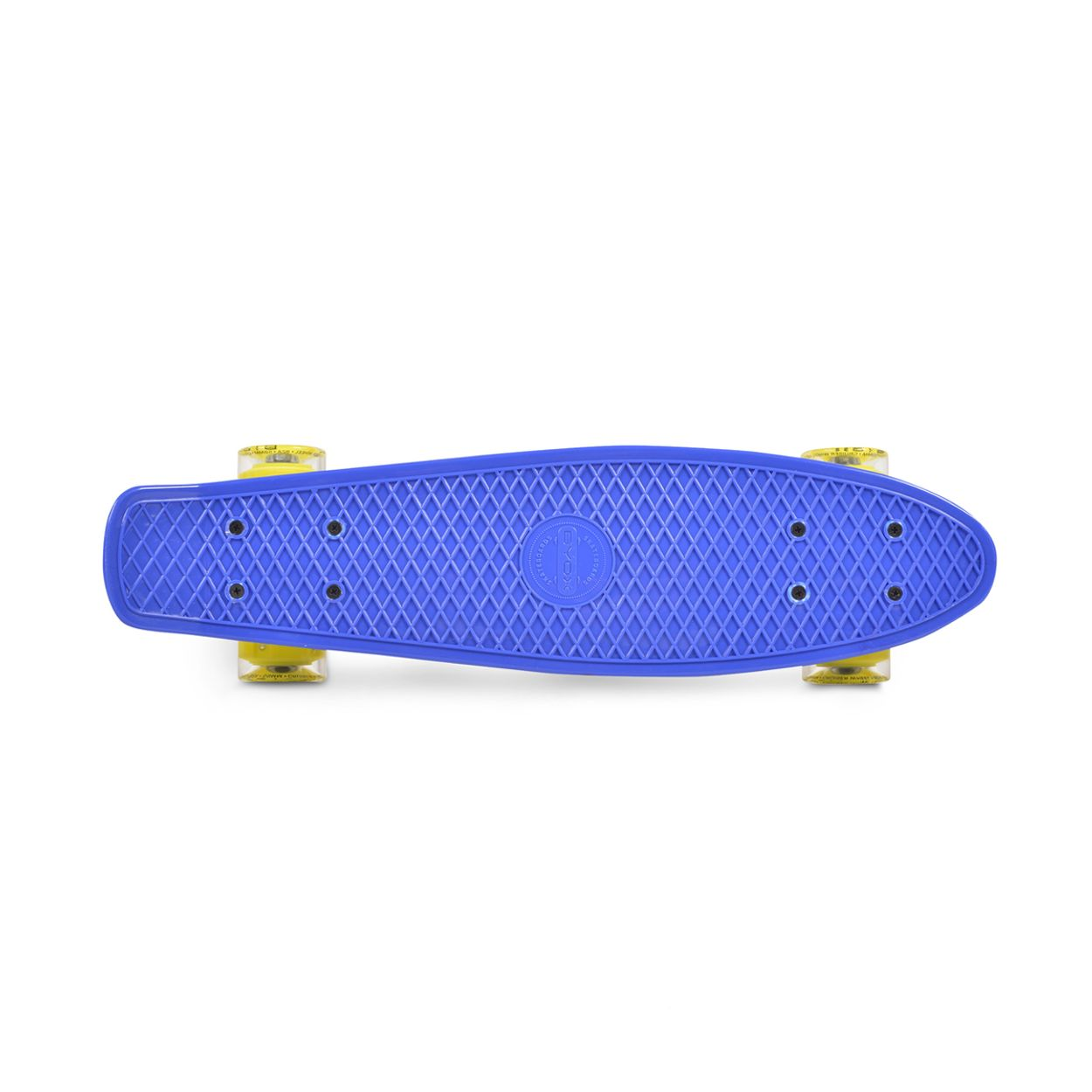 Ein blaues Skateboard mit gelben Rollen von oben gesehen.