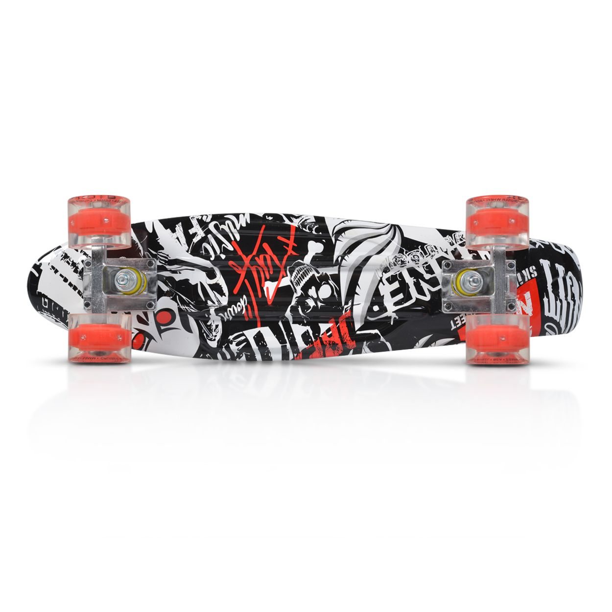 Skateboard mit Graffiti-Kunst, schwarz und weiß mit roten Akzenten, orangefarbene Räder.