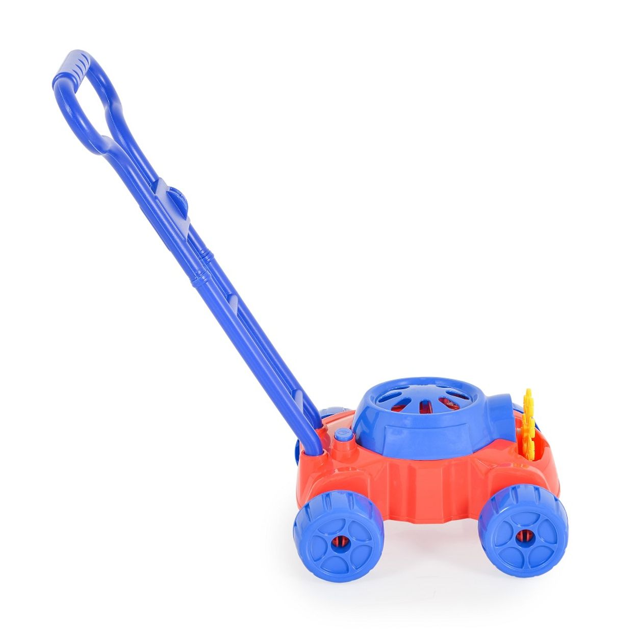 Ein roter und blauer Spielzeugrasenmäher mit blauem Griff. Er steht auf einer weißen Oberfläche.