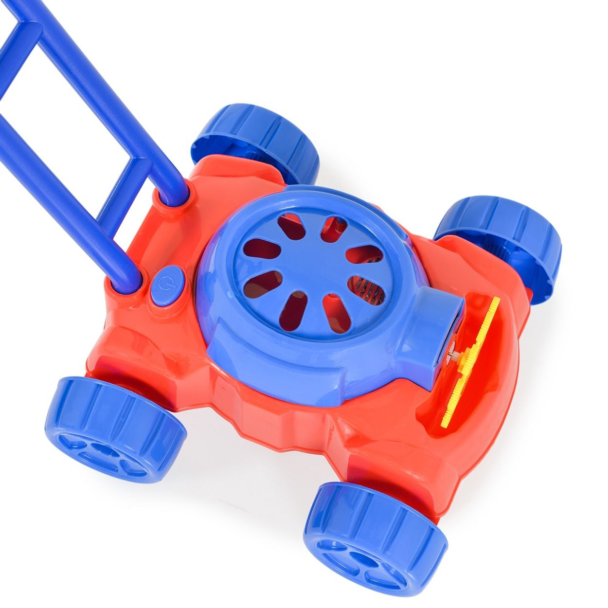 Roter und blauer Spielzeug-Rasenmäher mit blauen Rädern und Griff, weißer Hintergrund.