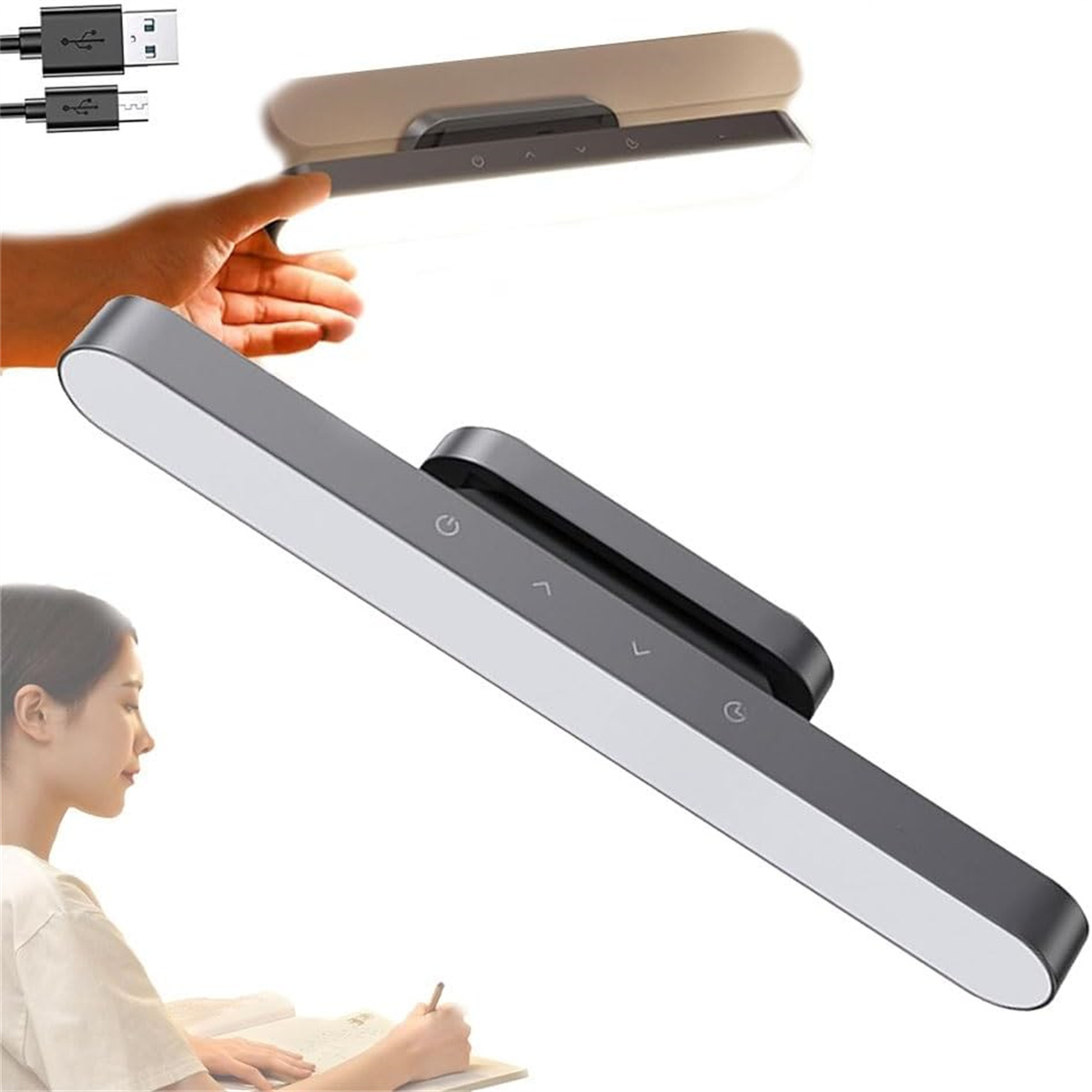 Eine Frau schreibt unter einer Schreibtischlampe. Die Lampe ist grau und hat ein USB-Kabel.