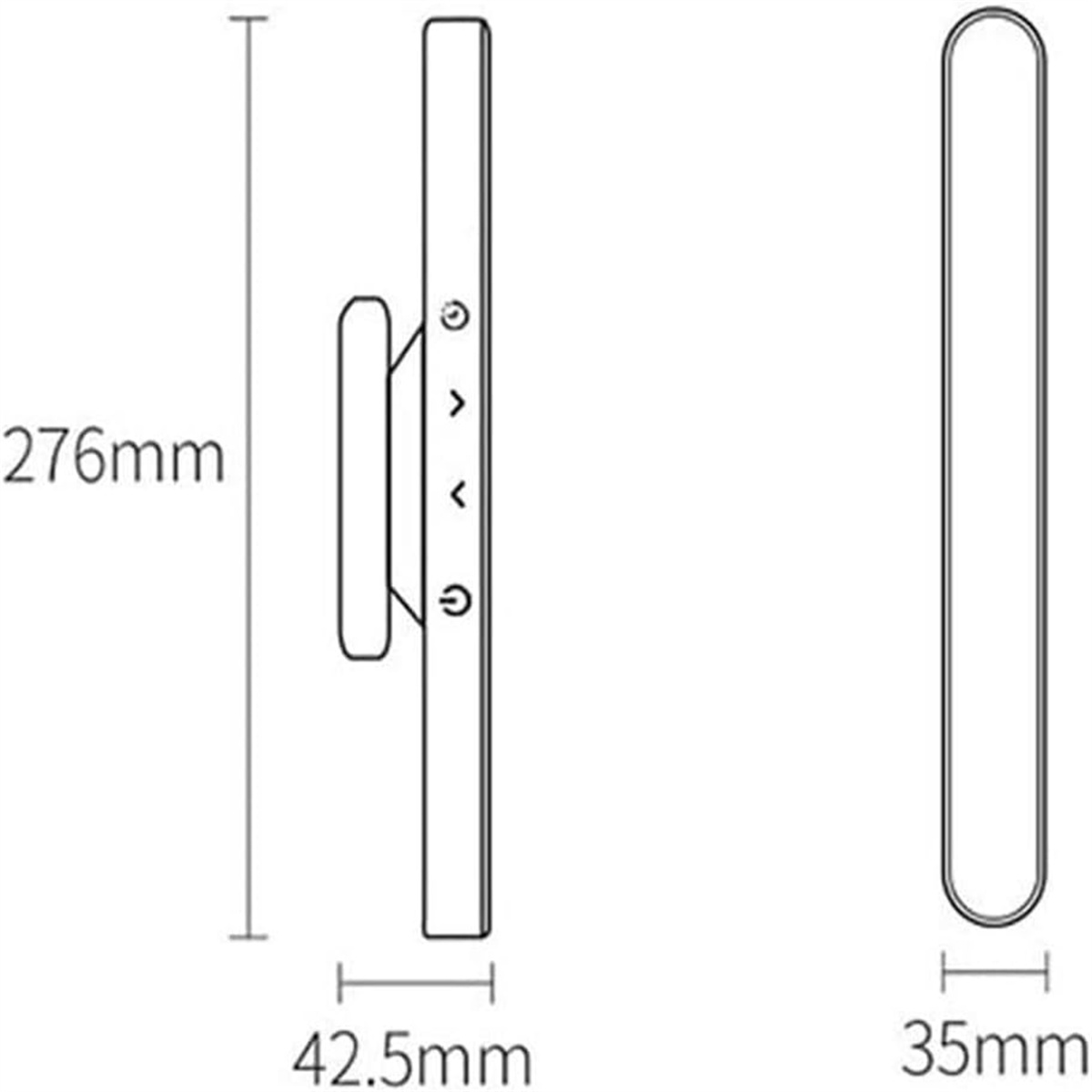 Ein Diagramm zeigt Abmessungen: 276 mm hoch, 42,5 mm breit und 35 mm dick. Es ist eine LED-Leuchte.