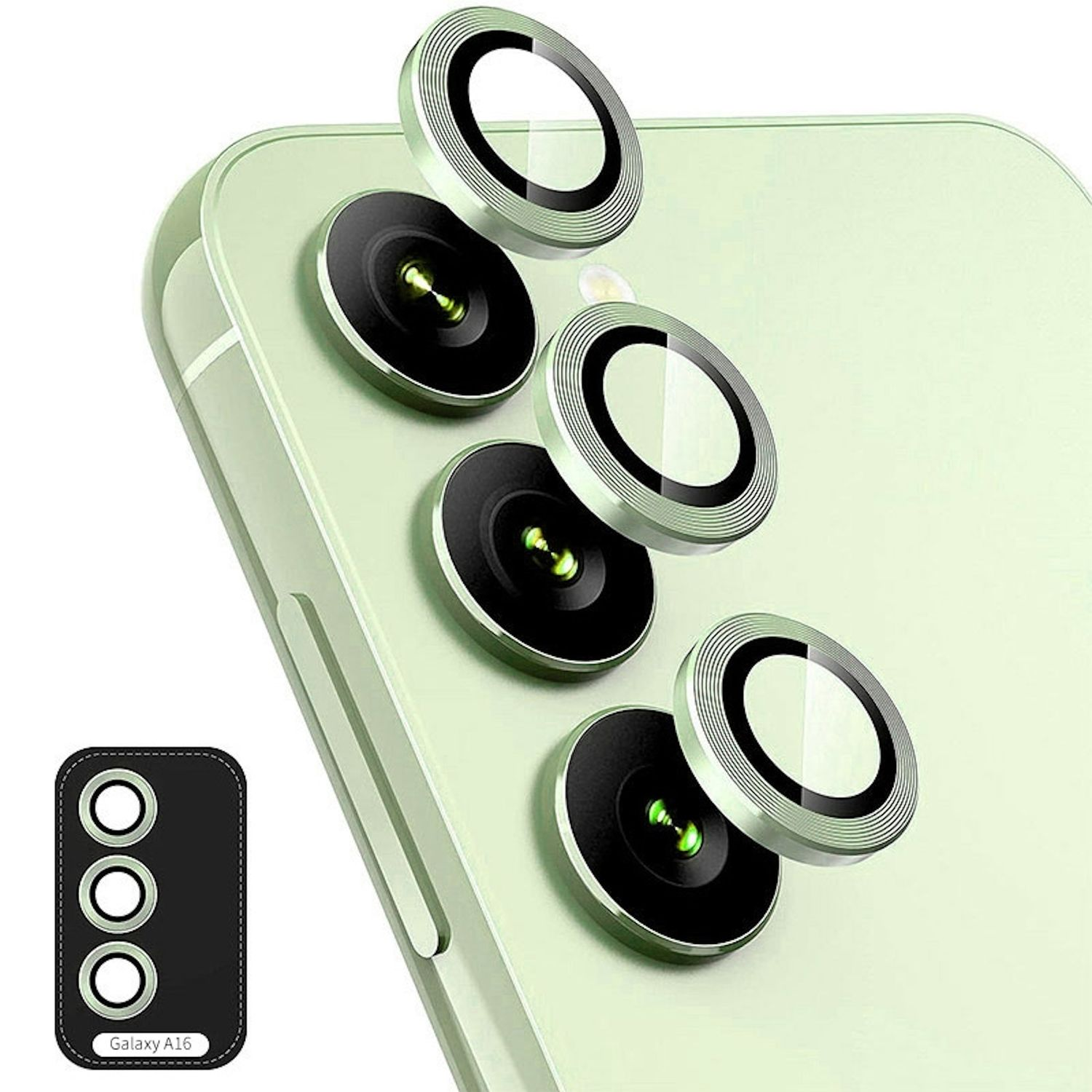 Protezioni per lenti della fotocamera per un telefono, con un retro telefono verde e un adesivo protettivo.