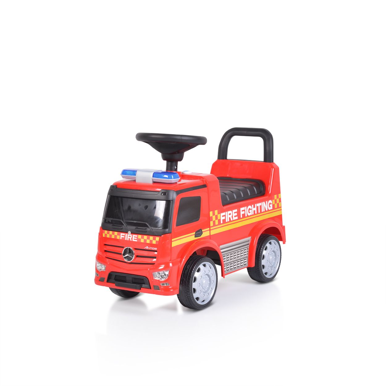 Roter Spielzeug-Feuerwehrwagen mit blauen Lichtern, schwarzem Lenkrad und Griff. Weißer Hintergrund.