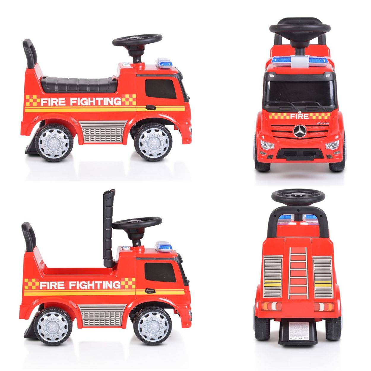 Roter Spielzeug-Feuerwehrwagen mit Lenkrad, Lichtern und Text 'FIRE FIGHTING'. Mehrere Ansichten. Weißer Hintergrund.