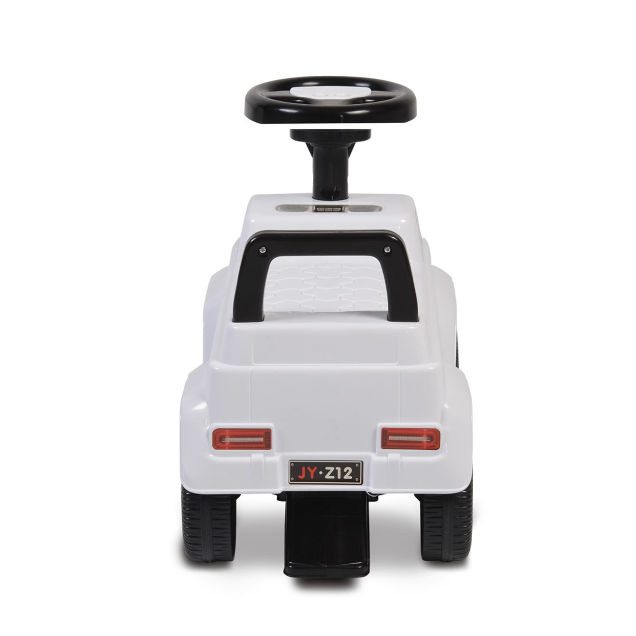 Weißes Spielzeugauto für Kleinkinder, mit schwarzen Details und einem Griff.