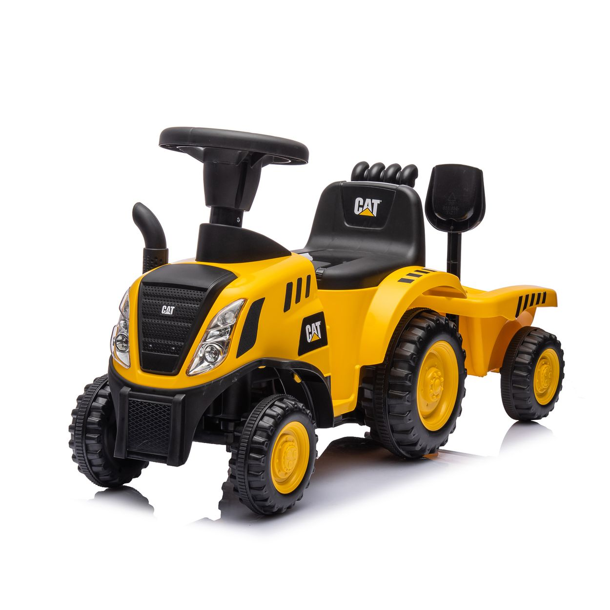 Un juguete de tractor CAT amarillo con detalles y ruedas en negro, sobre un fondo blanco.