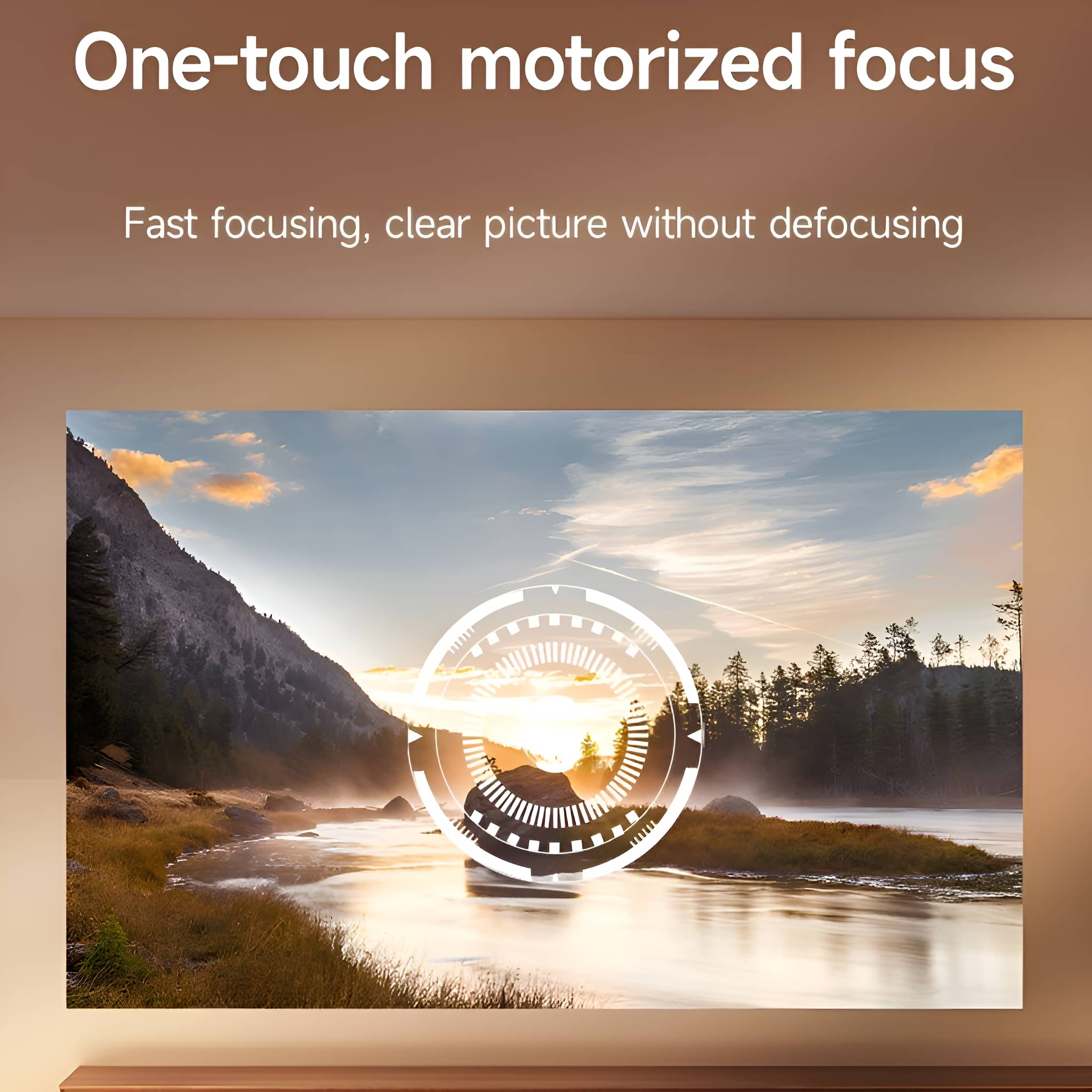 Landschaftsbild an einer Wand mit Text: 'One-touch motorized focus' und 'Fast focusing, clear picture'.