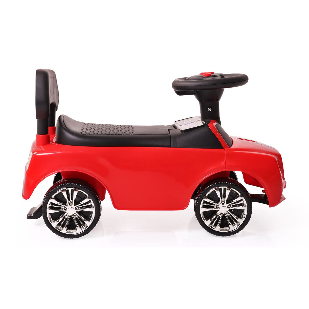 Rotes Spielzeugauto für Kinder mit schwarzem Sitz und Lenkrad.