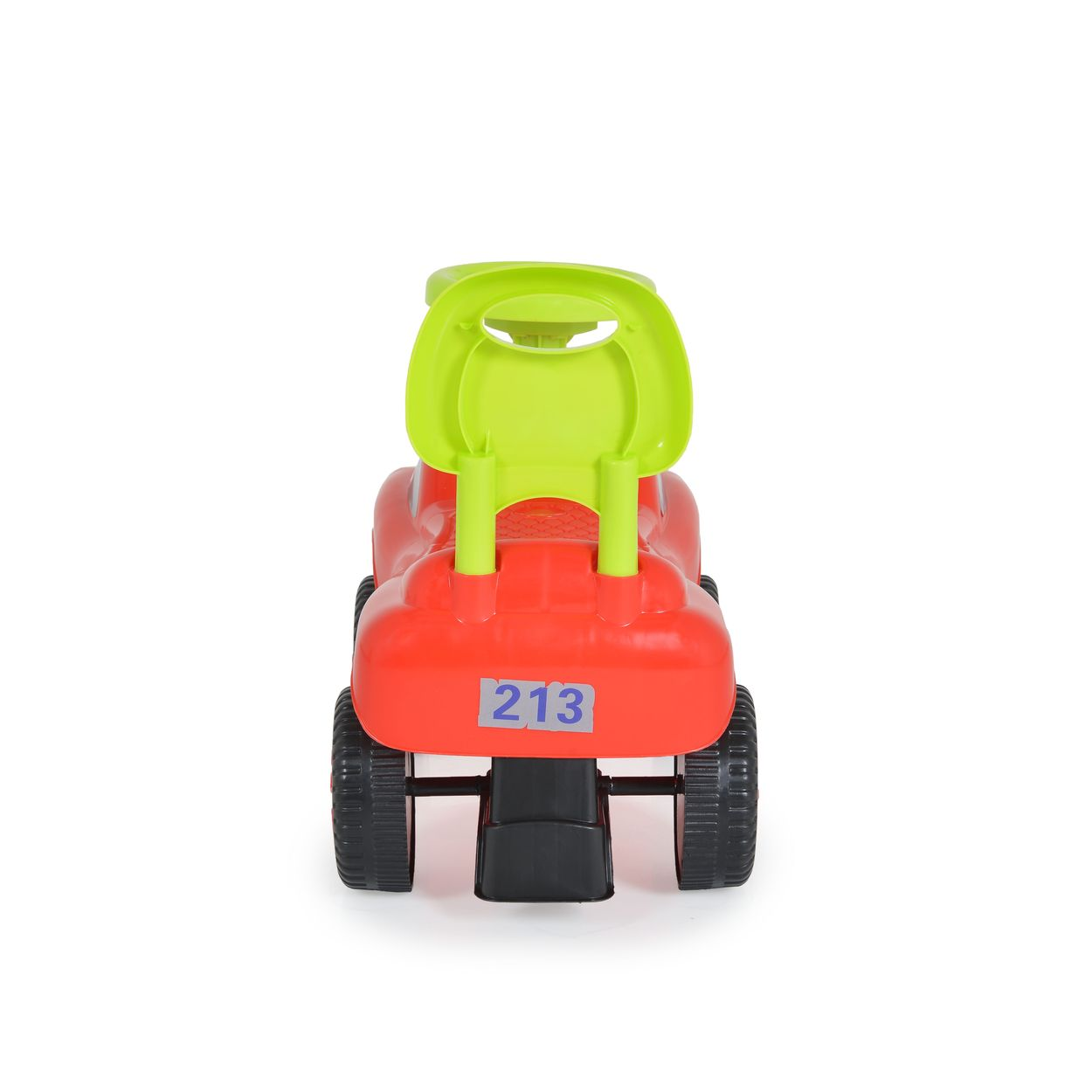 Ein rotes Spielzeugauto mit grünem Sitz. Das Auto hat schwarze Räder und die Nummer 213 hinten.