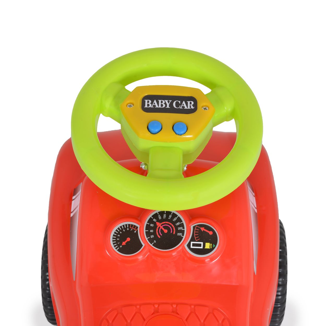 Rotes Spielzeugauto-Armaturenbrett mit grünem Lenkrad. Baby-Auto steht auf dem Armaturenbrett.
