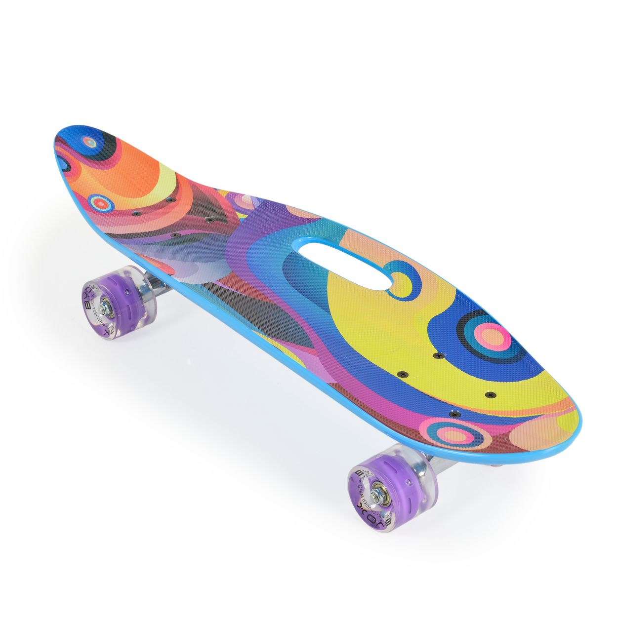 Ein farbenfrohes Skateboard mit blauem Untergrund und lila Rädern.