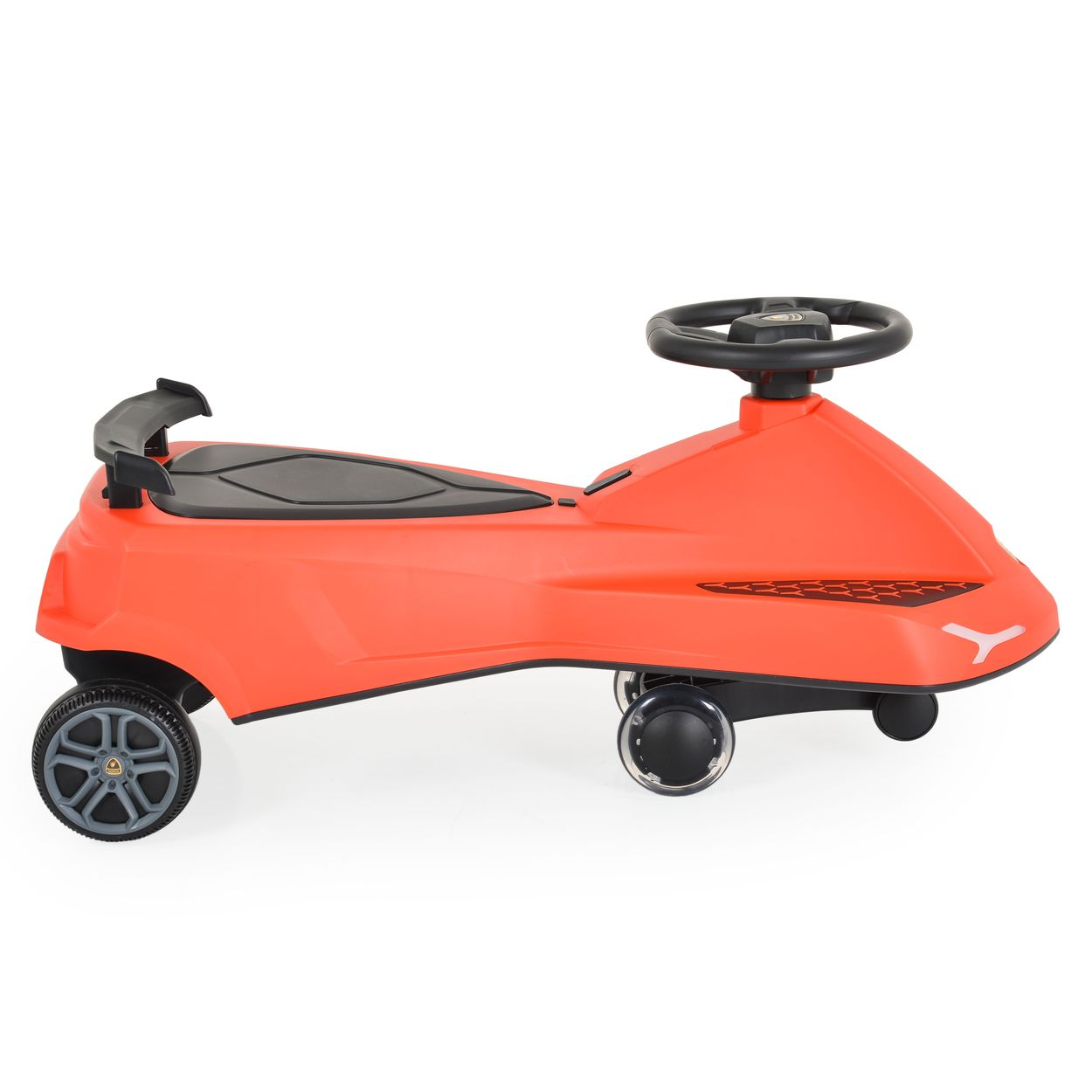 Rotes Spielzeugauto mit schwarzen Rädern, Lenkrad und Spoiler.