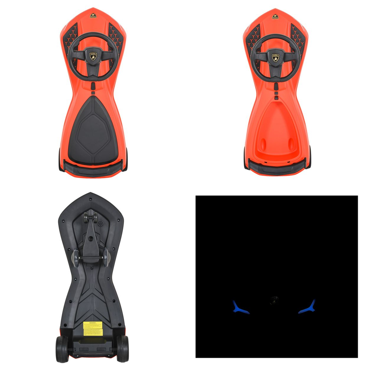 Mehrere Ansichten eines Spielzeugautos in Orange, mit schwarzem Innenraum und Lenkrad, vor weißem Hintergrund.