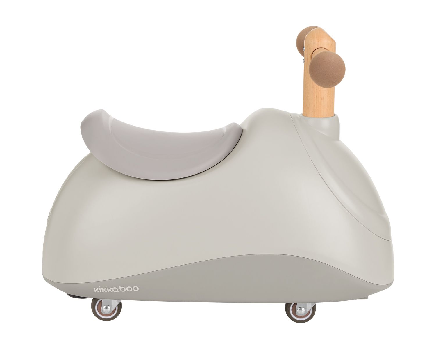 Un juguete para niños gris y blanco con un asa de madera y ruedas.