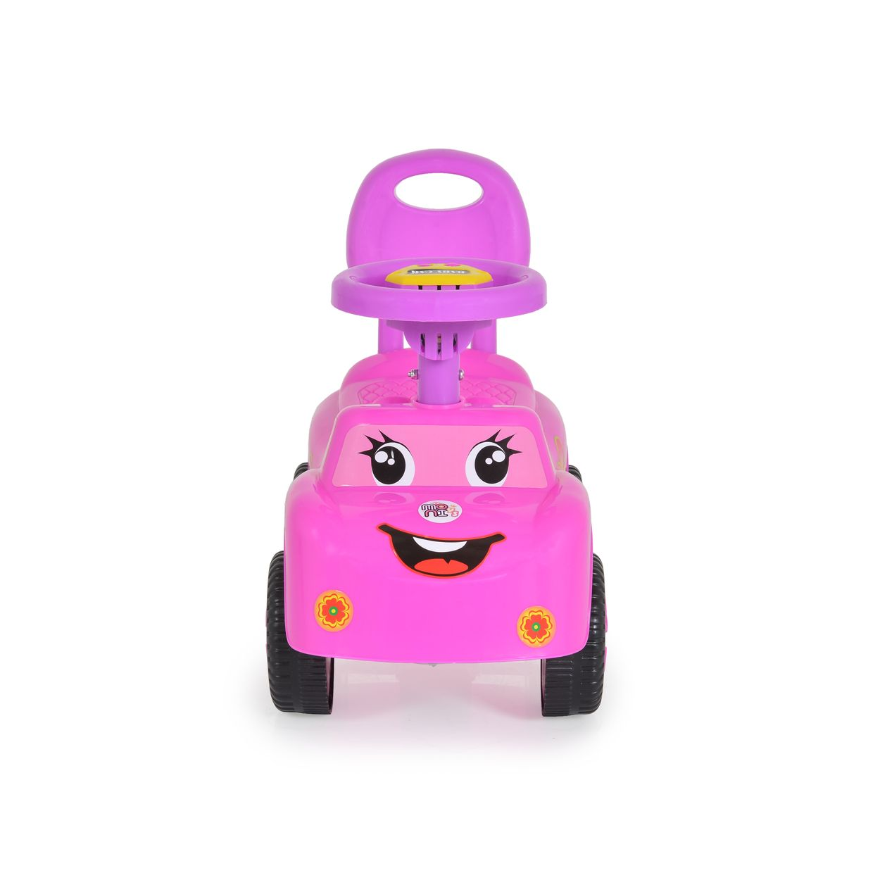 Ein rosa Spielzeugauto mit lächelndem Gesicht, Blumendekoren und Sitz.