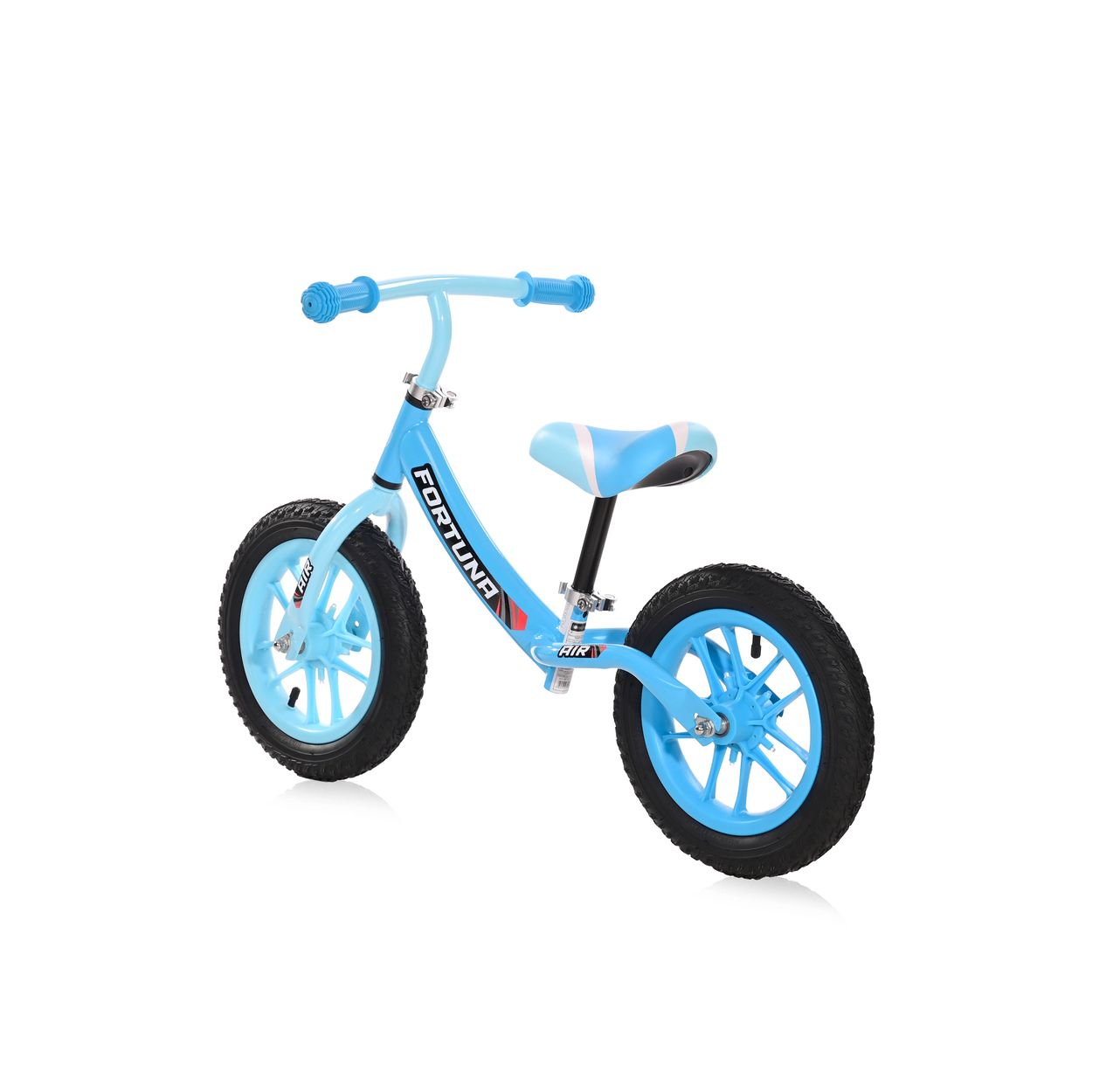 Bicicleta de equilibrio azul para un niño sobre un fondo blanco.