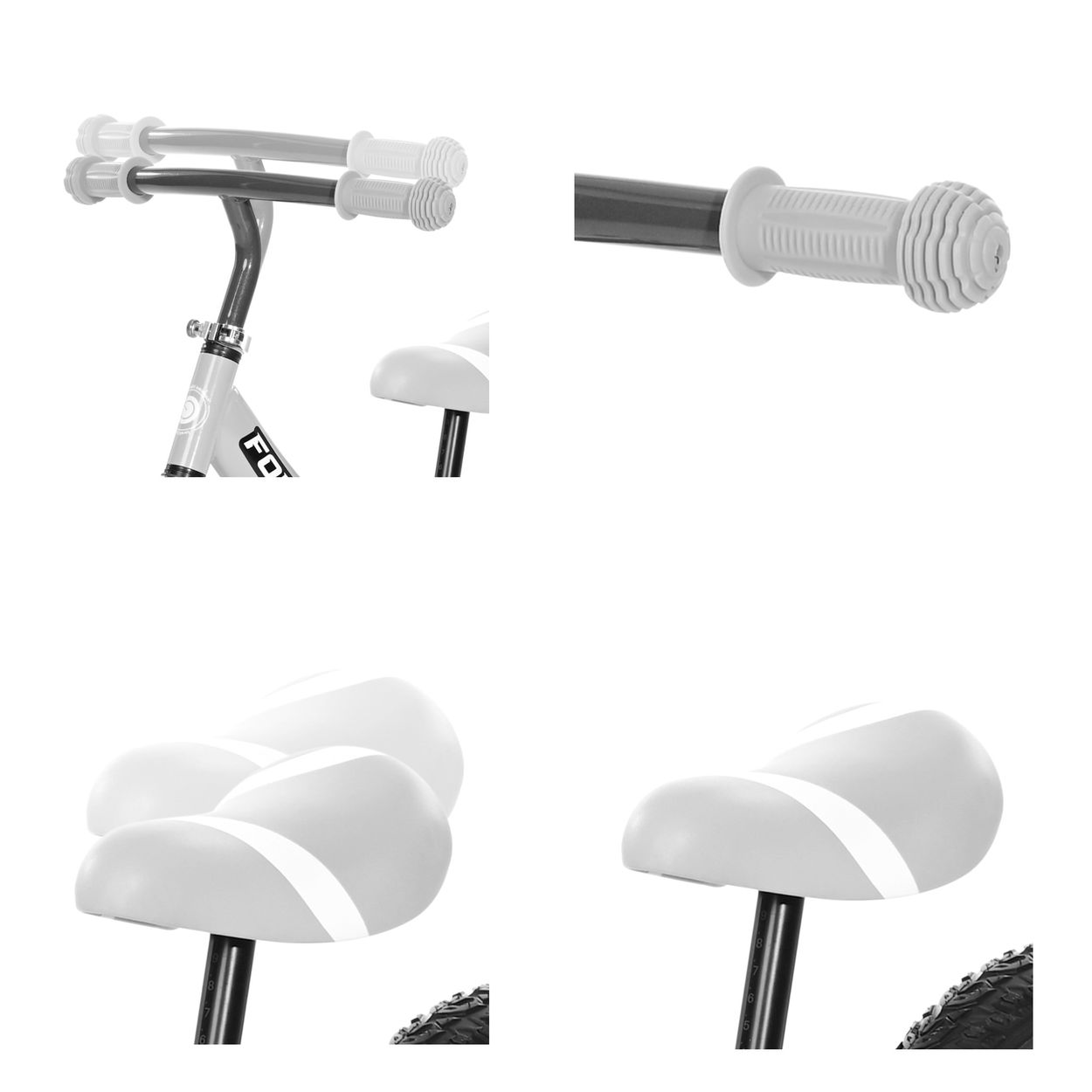 Detalles de la bicicleta: asiento y puños blancos, cuadro negro. Primeros planos de piezas.