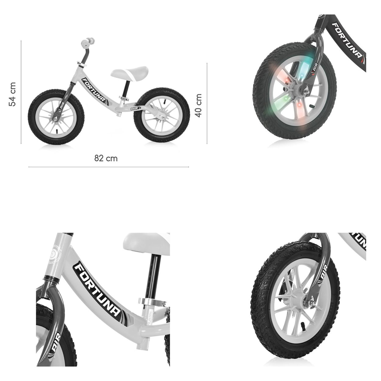 Bicicleta de equilibrio blanca con dimensiones. Incluye detalles de las ruedas, el asiento y el cuadro.