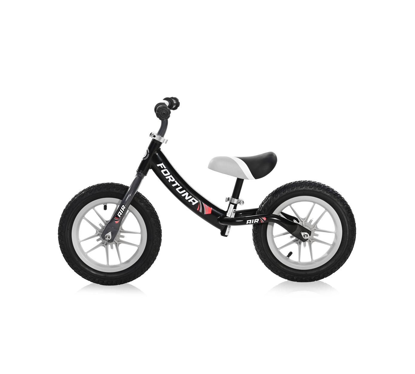 Una bicicleta de equilibrio en blanco y negro con la palabra 'FORTUNA' en el cuadro.