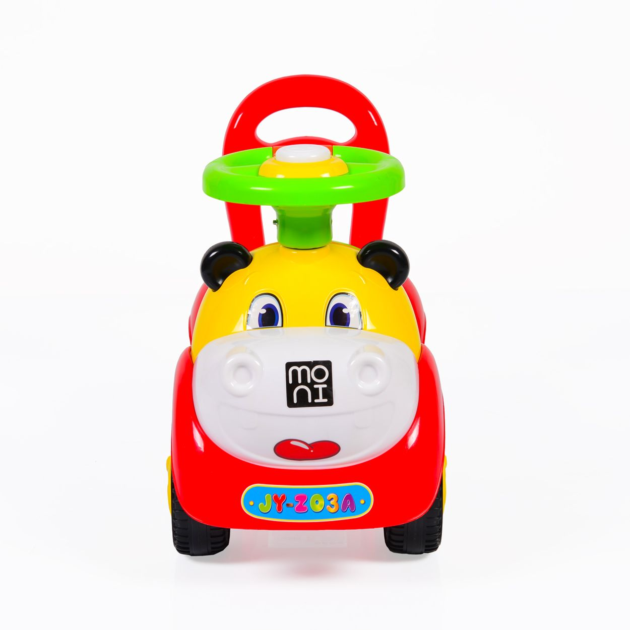 Ein rotes, gelbes und weißes Spielzeugauto für Kleinkinder. Es hat einen Griff, ein Lenkrad und den Text "JY-203A".