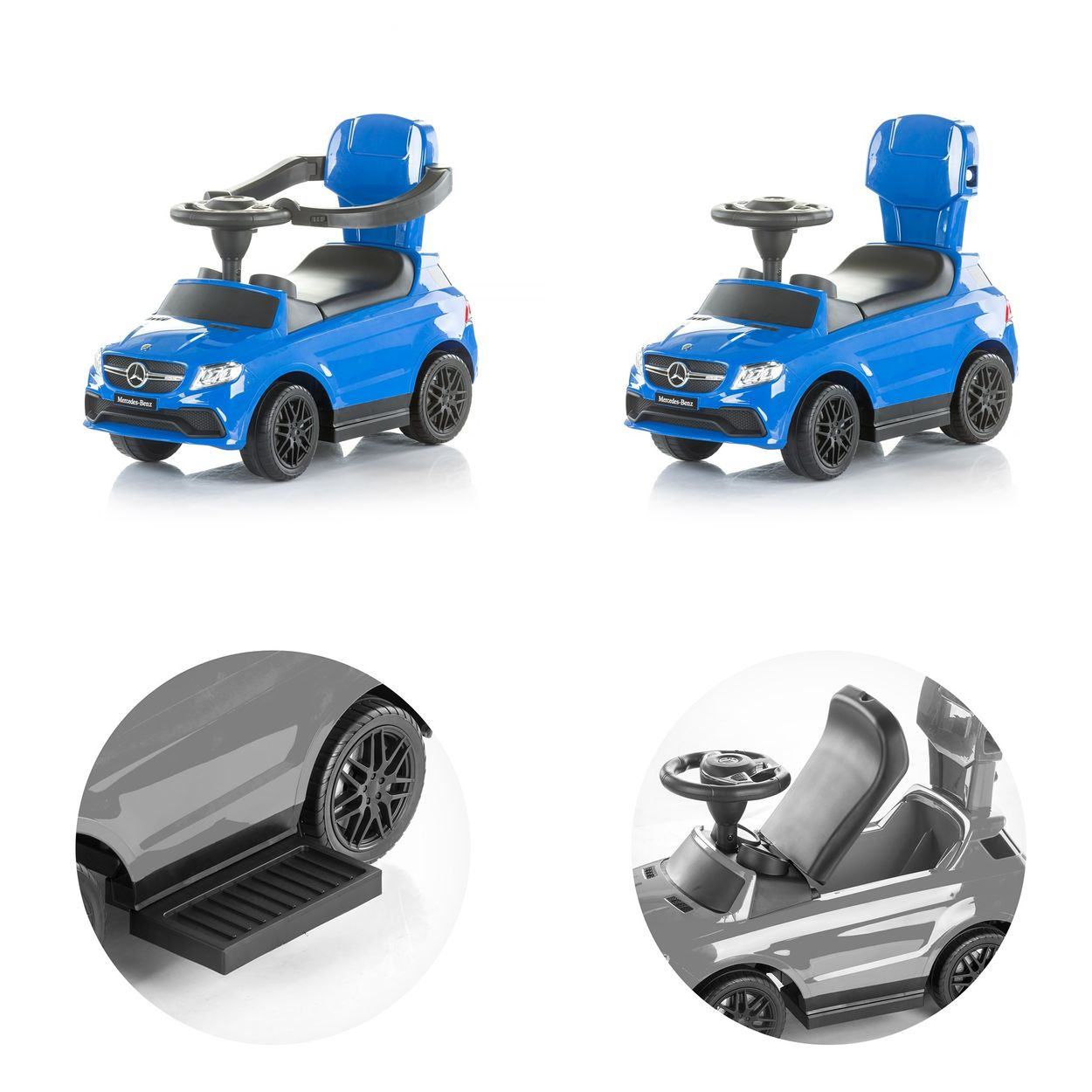 Coches de juguete Mercedes-Benz azules con ruedas negras. Uno con techo arriba, otro abajo.