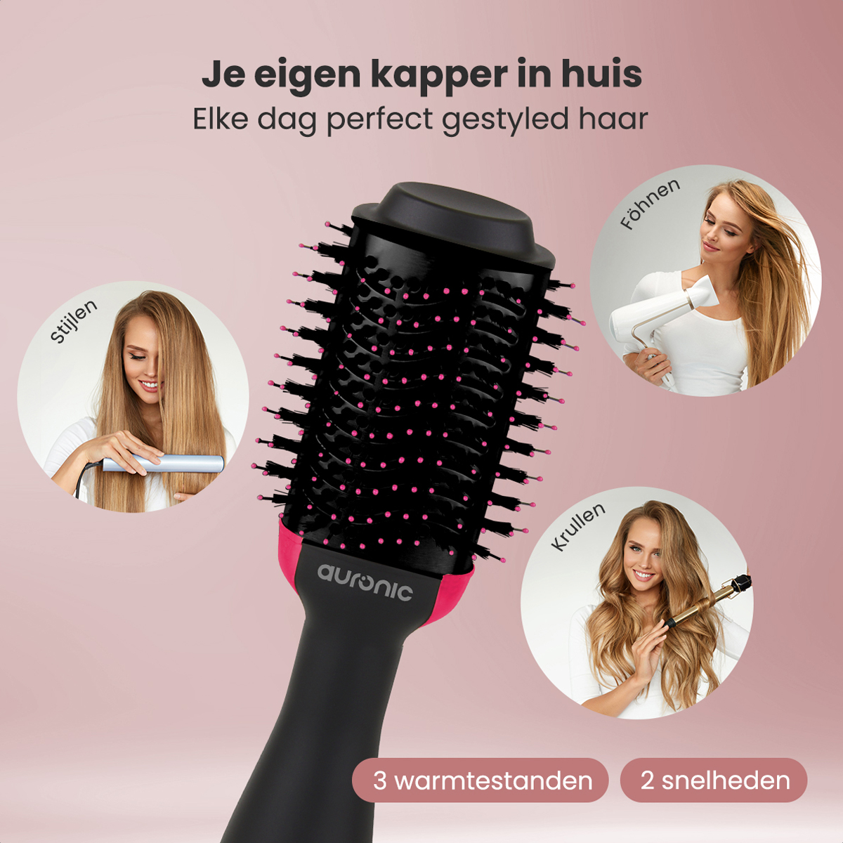 Outil de coiffure avec plusieurs options. Femme utilisant l'outil pour se coiffer avec divers effets.